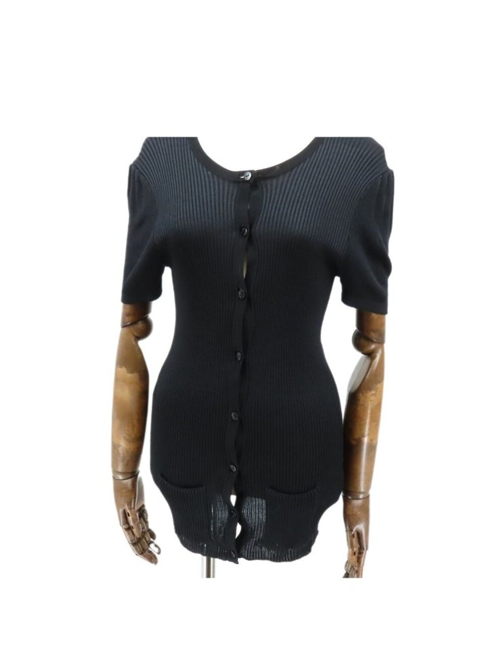 Chanel Cardigan Black Rayon Rib Short Sleeve 40